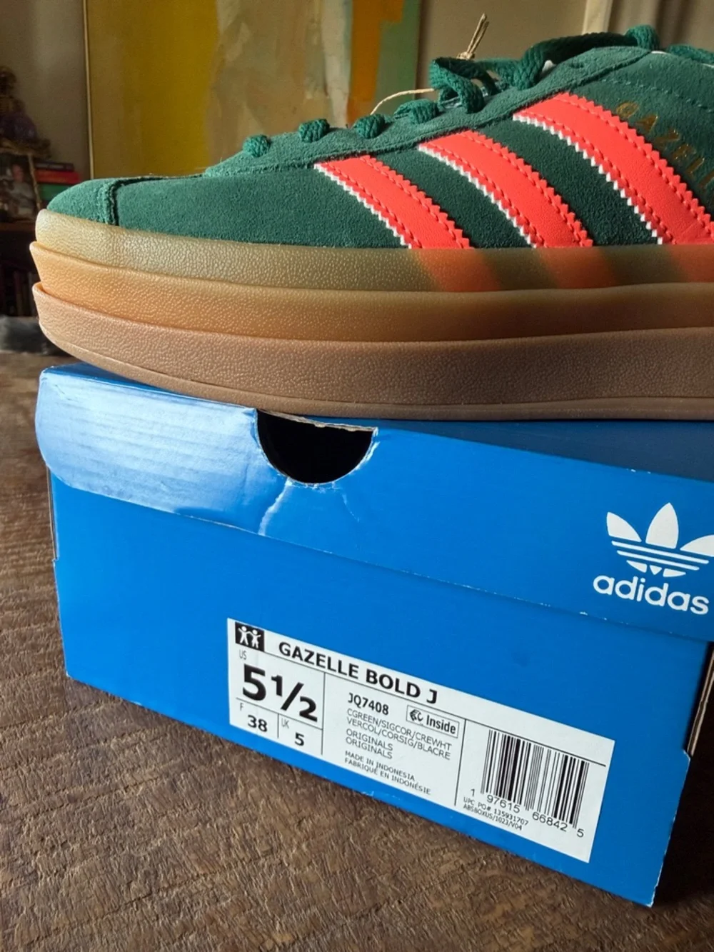 adidas Gazelle Bold Platform Sneakers - Green with coral Stripes and Gum Sole - Picture 5 of 5